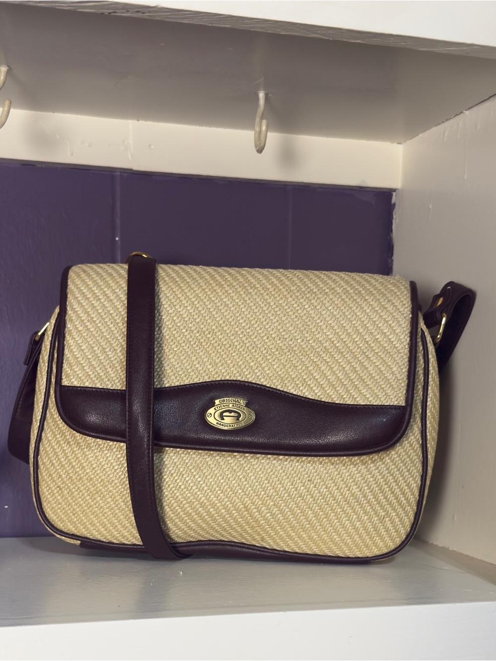 Vintage Etienne Aigner cream woven crossbody with dark brown trim Women’s bags